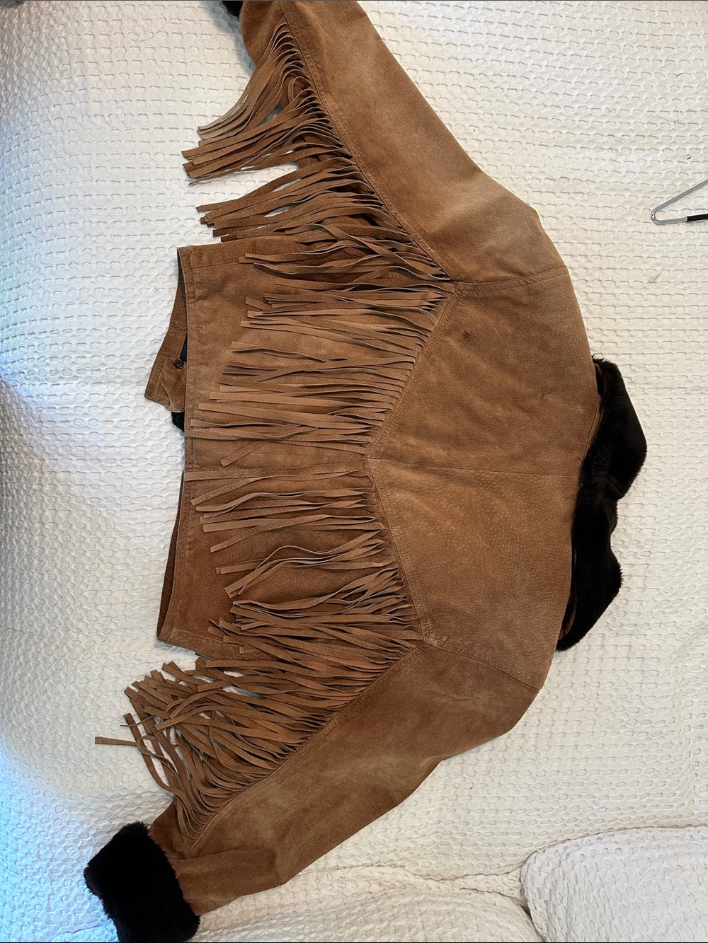 Neiman Marcus Brown Faux Suede Fringe Jacket with Black Fur Collar
